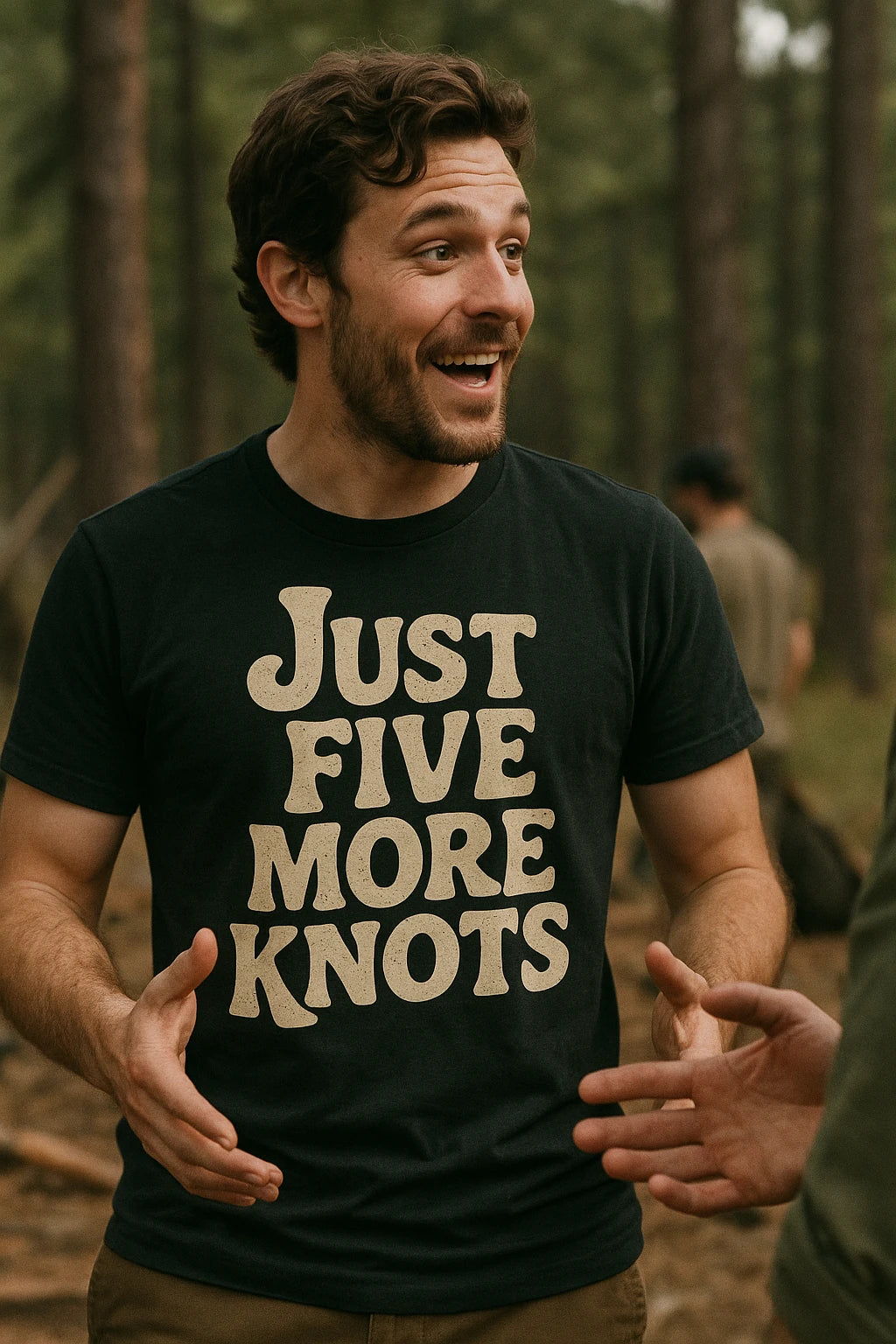 "Just Five More Knots" black bushcraft t shirt - a birthday gift for bushcraft lover