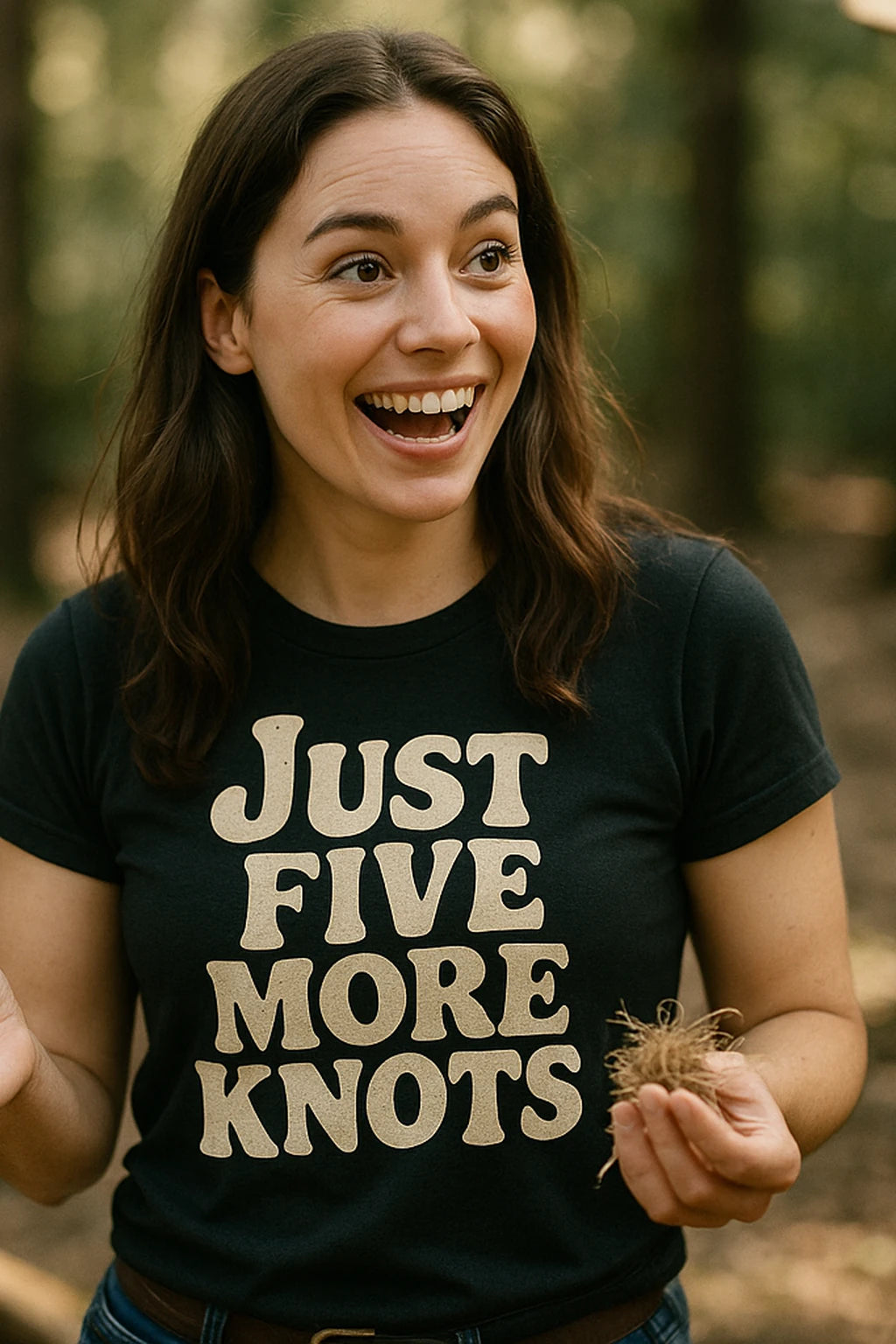 "Just Five More Knots" black bushcraft t shirt, photographed as bushcraft lover gift