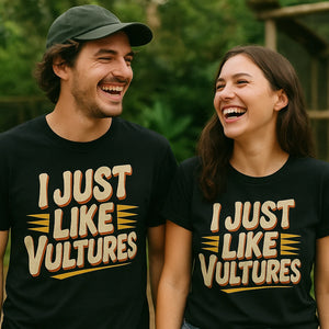 Person wearing the black vulture t shirt graphic tee - "I Just Like Vultures" design
