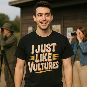 Lifestyle shot of the "I Just Like Vultures" black vulture t shirt in a real-world setting