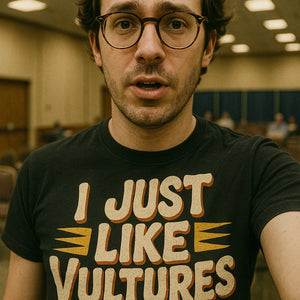 "I Just Like Vultures" black vulture t shirt, photographed as vulture lover gift