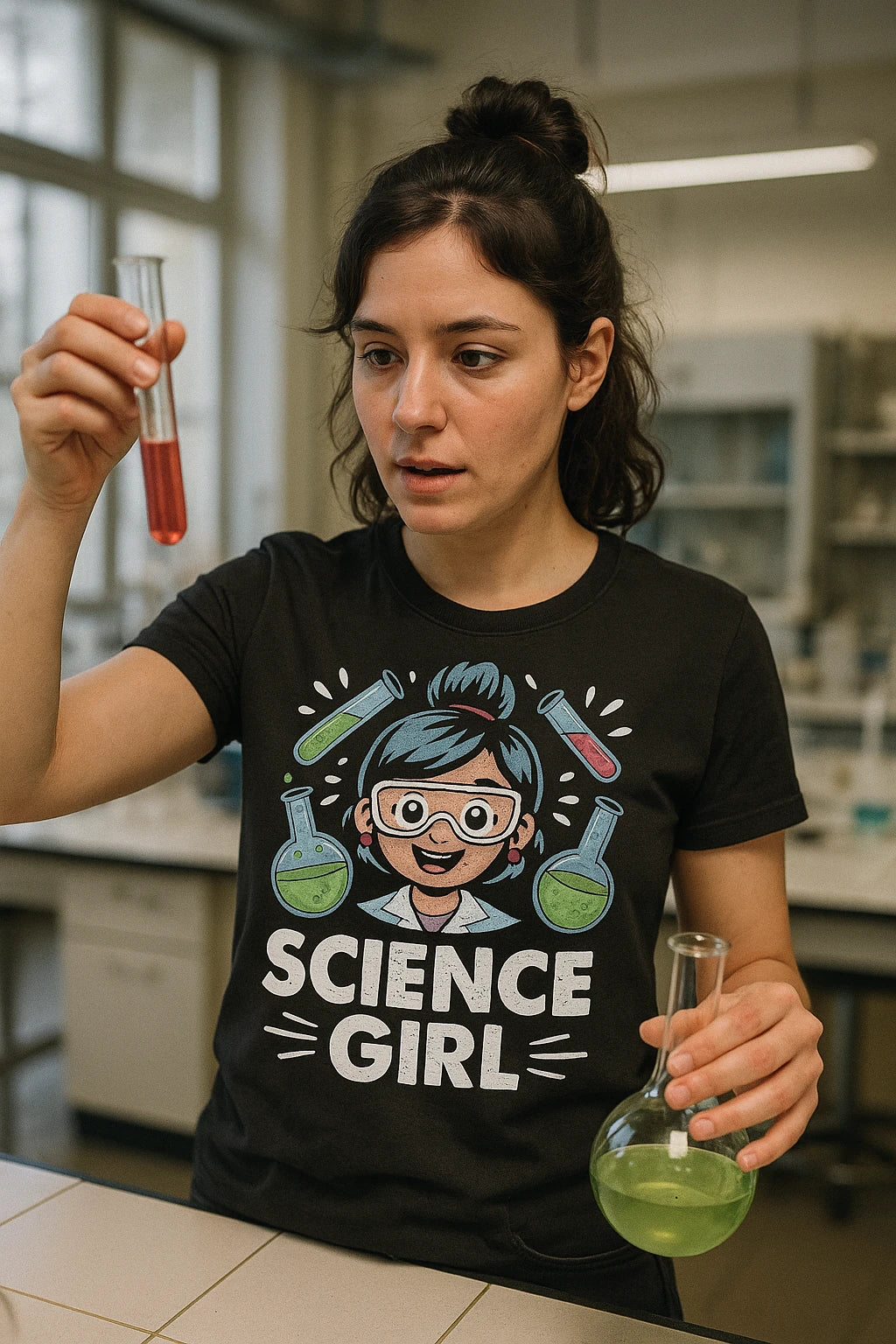 "Science Girl" black chemistry t shirt, photographed as gifts for chemistry lovers