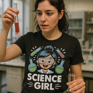 "Science Girl" black chemistry t shirt, photographed as gifts for chemistry lovers