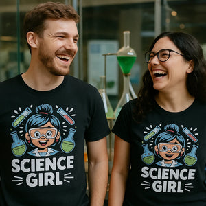 Person wearing the black chemistry t shirt graphic tee - "Science Girl" design