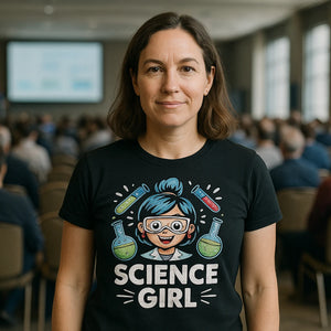 Lifestyle shot of the "Science Girl" black chemistry t shirt in a real-world setting