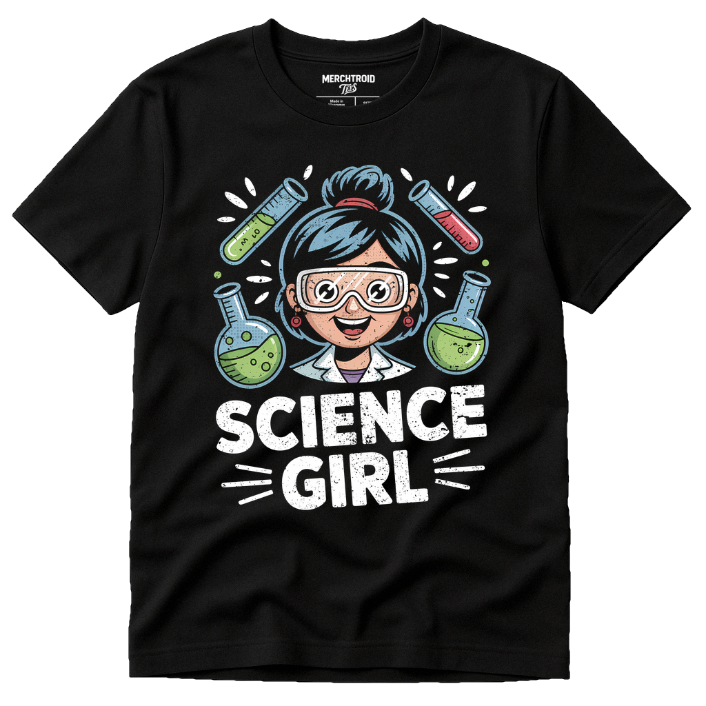 Black Chemistry T Shirt - "Science Girl" graphic tee with gray print, flat lay product photo