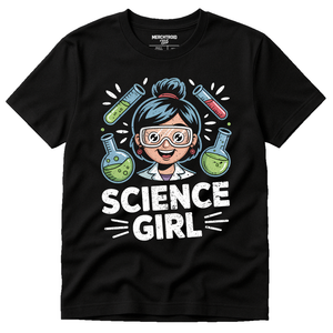 Black Chemistry T Shirt - "Science Girl" graphic tee with gray print, flat lay product photo