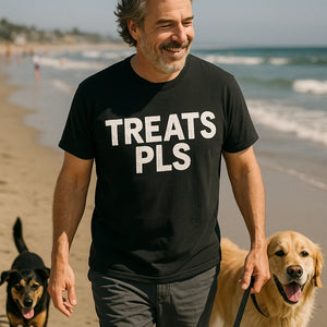"Treats Pls" black dog lovers shirts, photographed as dog lovers lover gift