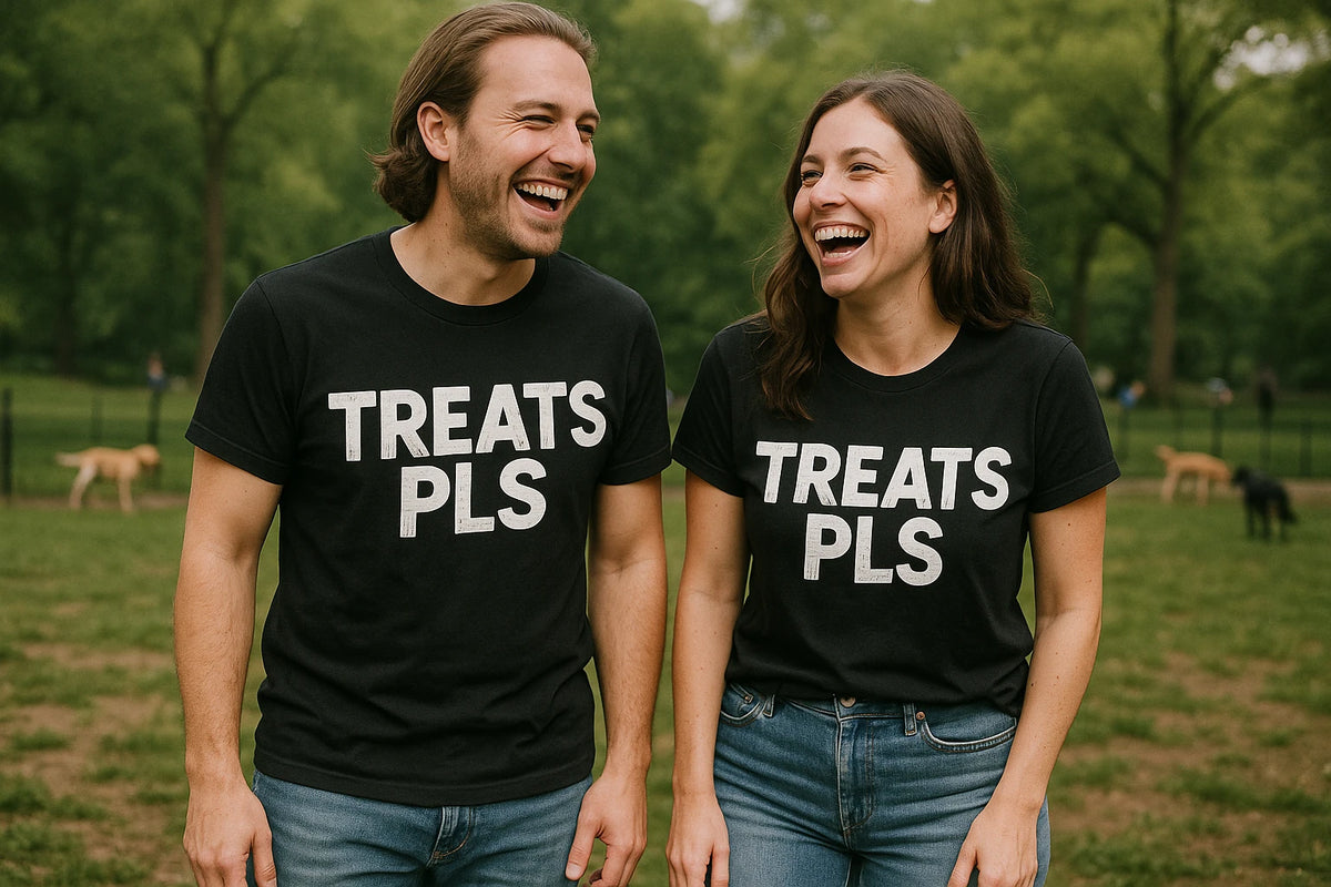 Person wearing the black dog lovers shirts graphic tee - "Treats Pls" design