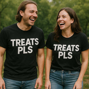 Person wearing the black dog lovers shirts graphic tee - "Treats Pls" design