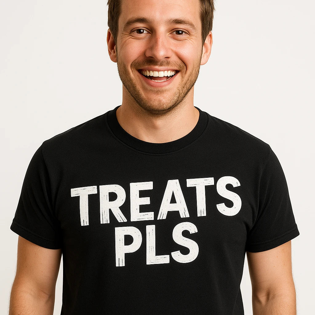 Close-up of the "Treats Pls" white print on a premium Bella+Canvas black dog lovers shirts