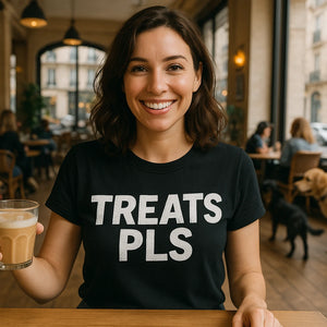 Lifestyle shot of the "Treats Pls" black dog lovers shirts in a real-world setting