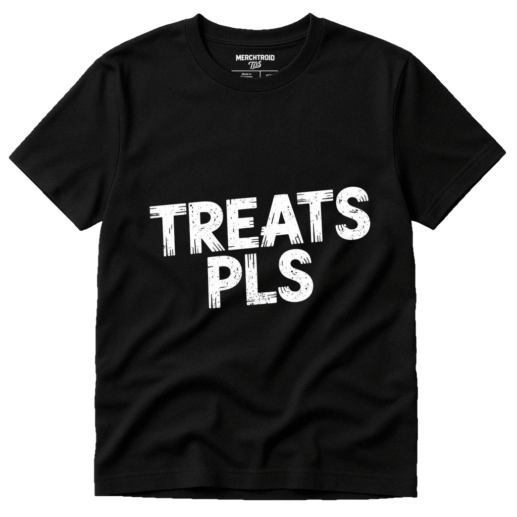Black Dog Lovers Shirts - "Treats Pls" graphic tee with white print, flat lay product photo