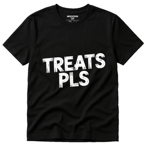 Black Dog Lovers Shirts - "Treats Pls" graphic tee with white print, flat lay product photo