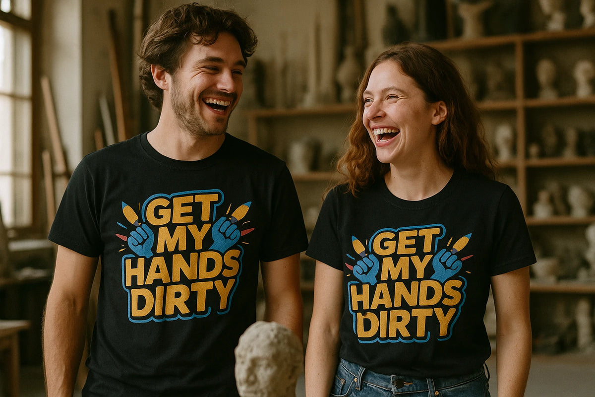 Person wearing the black sculpting t shirt graphic tee - "Get My Hands Dirty" design