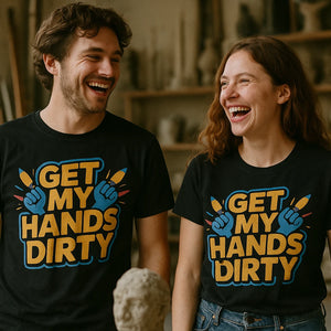 Person wearing the black sculpting t shirt graphic tee - "Get My Hands Dirty" design