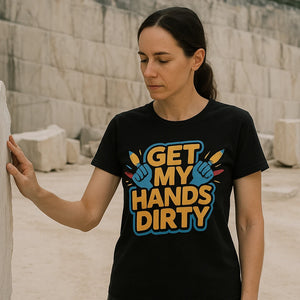 Lifestyle shot of the "Get My Hands Dirty" black sculpting t shirt in a real-world setting