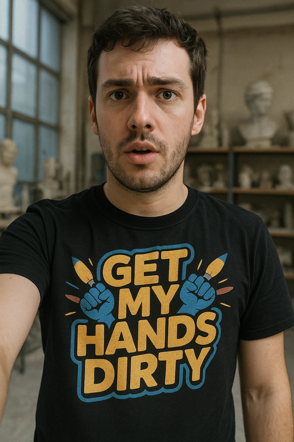 "Get My Hands Dirty" black sculpting t shirt, photographed as sculpting lover gift