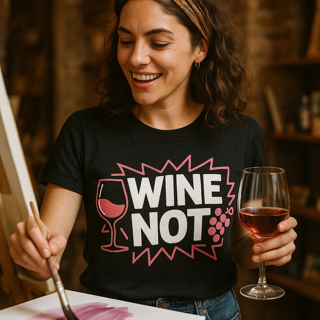 "Wine Not" black wine t shirt - also one of the best presents for wine lovers