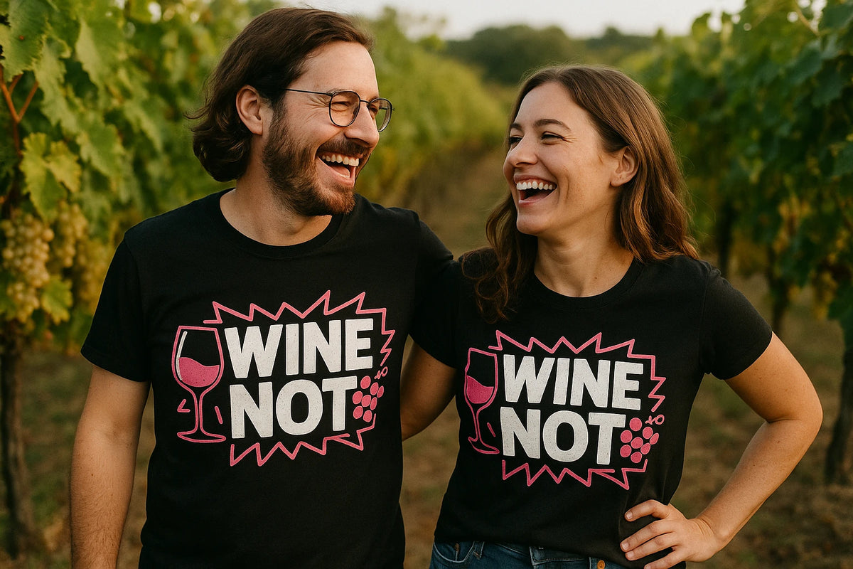 Person wearing the black wine t shirt graphic tee - "Wine Not" design