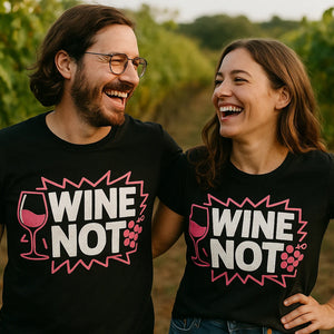 Person wearing the black wine t shirt graphic tee - "Wine Not" design