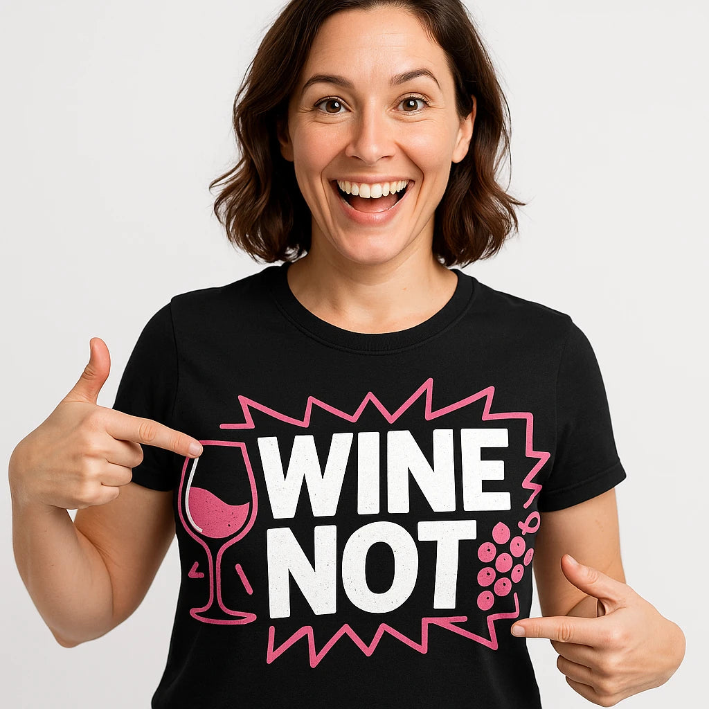 Close-up of the "Wine Not" white print on a premium Bella+Canvas black wine t shirt