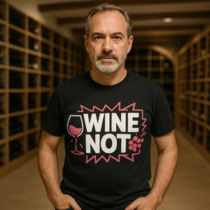 Lifestyle shot of the "Wine Not" black wine t shirt in a real-world setting