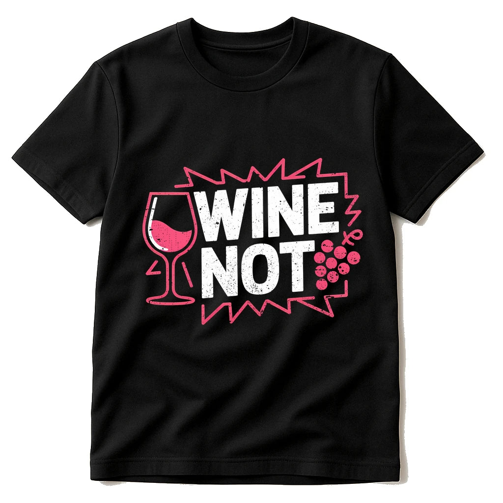 Black Wine T Shirt - "Wine Not" graphic tee with white print, flat lay product photo