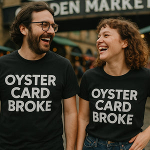 Person wearing the black london t shirts uk graphic tee - "Oyster Card Broke" design