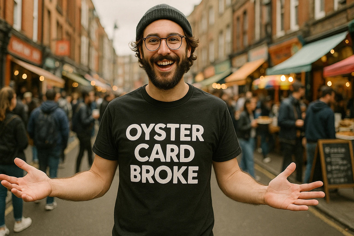 Lifestyle shot of the "Oyster Card Broke" black london t shirts uk in a real-world setting