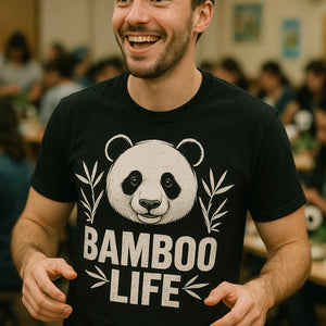 "Bamboo Life" black panda tee shirt - also one of the best gifts for panda lovers