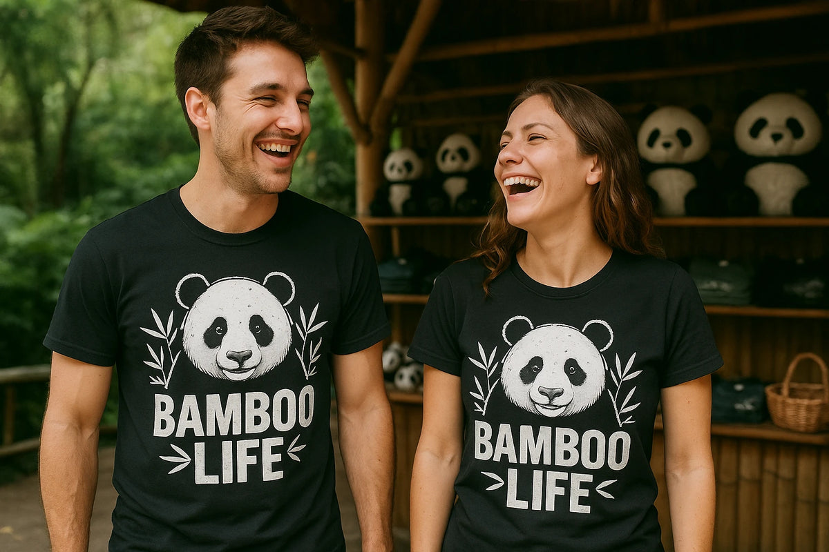 Person wearing the black panda tee shirt graphic tee - "Bamboo Life" design