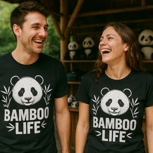 Person wearing the black panda tee shirt graphic tee - "Bamboo Life" design