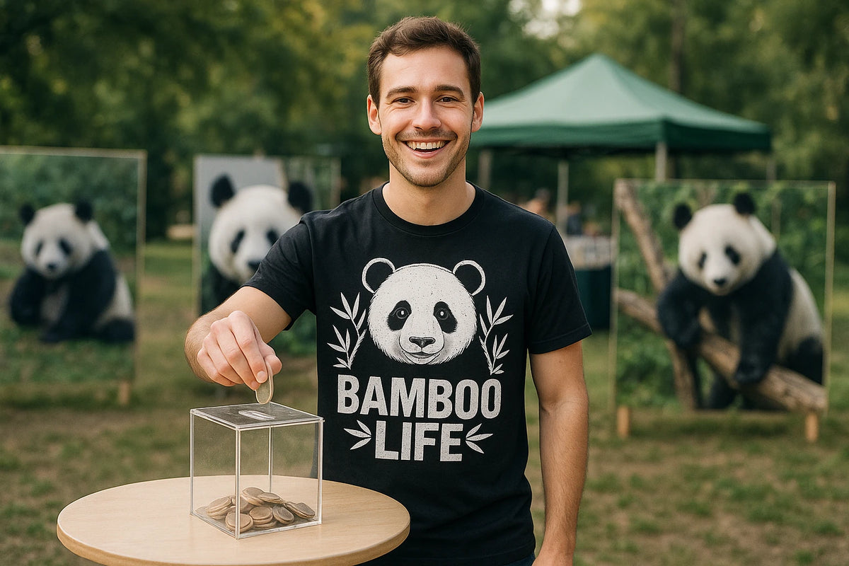 Lifestyle shot of the "Bamboo Life" black panda tee shirt in a real-world setting
