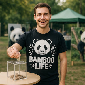 Lifestyle shot of the "Bamboo Life" black panda tee shirt in a real-world setting