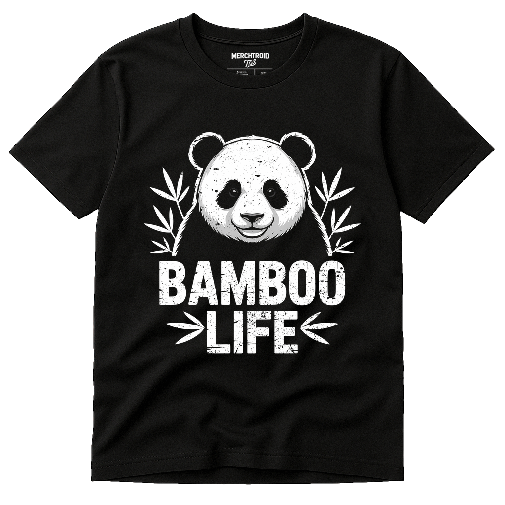 Black Panda Tee Shirt - "Bamboo Life" graphic tee with white print, flat lay product photo