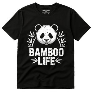 Black Panda Tee Shirt - "Bamboo Life" graphic tee with white print, flat lay product photo