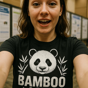 "Bamboo Life" black panda tee shirt, photographed as presents for panda lovers