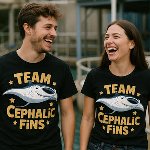 Person wearing the black manta ray shirts graphic tee - "Team Cephalic Fins" design