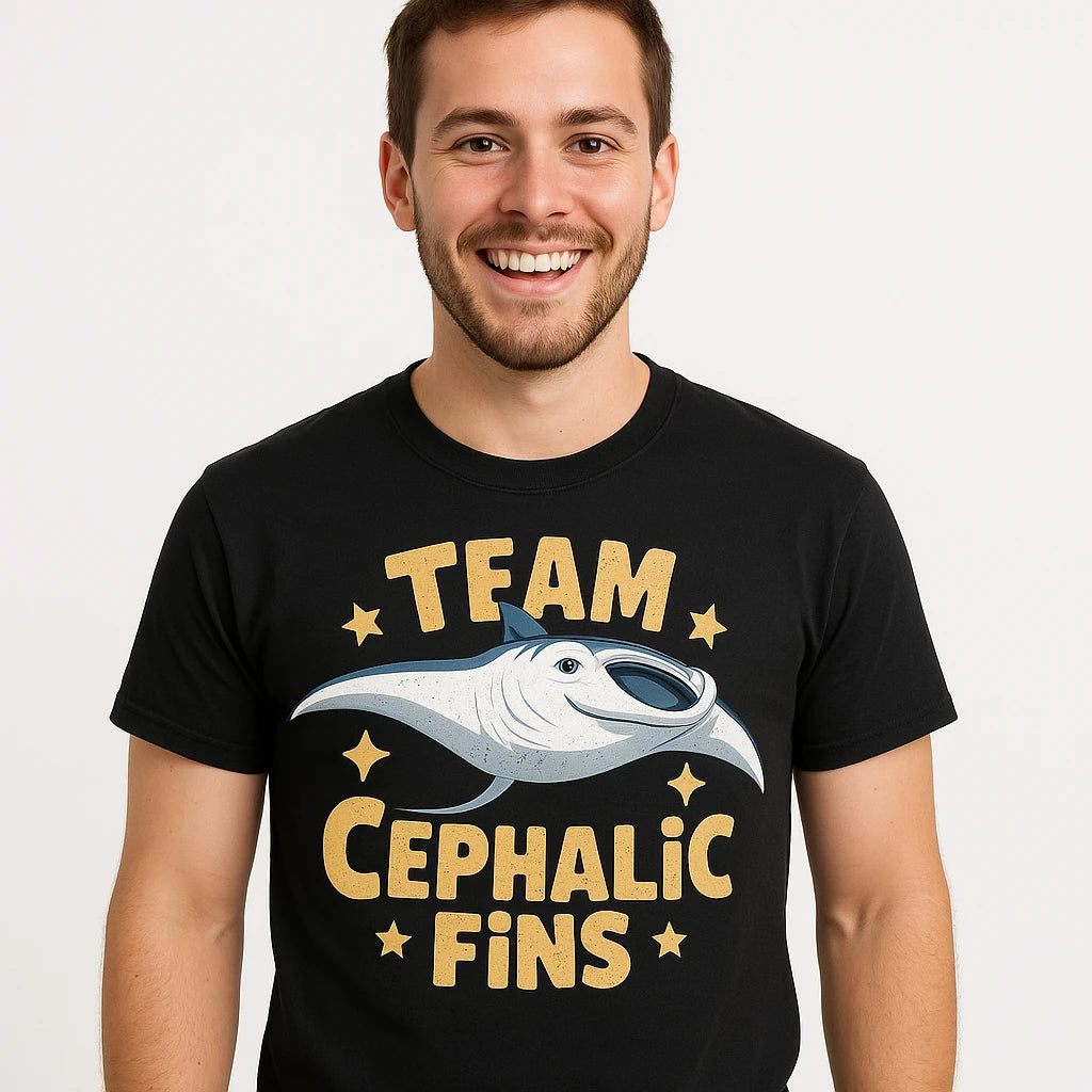 Close-up of the "Team Cephalic Fins" gold print on a premium Bella+Canvas black manta ray shirts