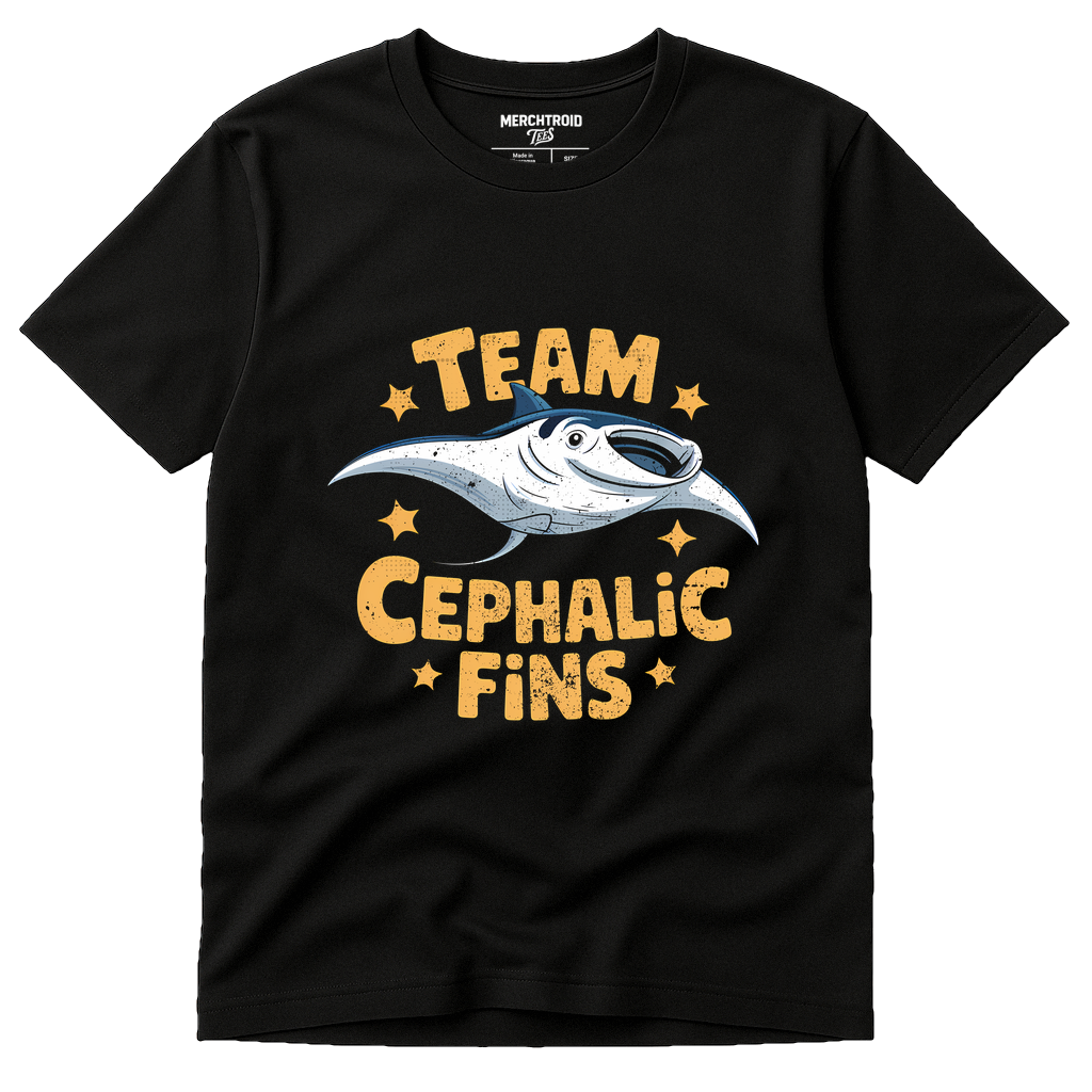 Black Manta Ray Shirts - "Team Cephalic Fins" graphic tee with gold print, flat lay product photo