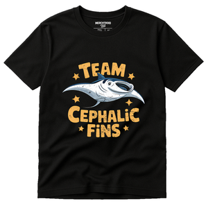 Black Manta Ray Shirts - "Team Cephalic Fins" graphic tee with gold print, flat lay product photo