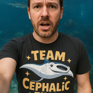 "Team Cephalic Fins" black manta ray shirts, photographed as manta ray lover gift