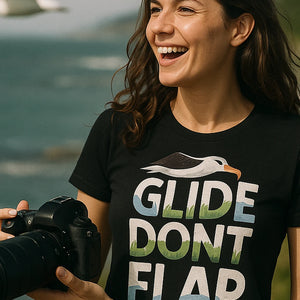 "Glide Dont Flap" black albatross t shirt, photographed as albatross lover gift