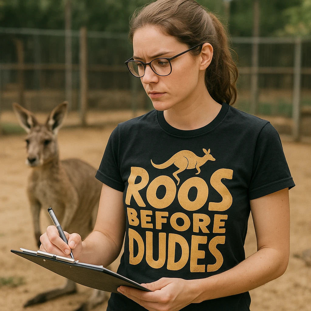 "Roos Before Dudes" black kangaroo pocket t shirt, photographed as kangaroo lover gift