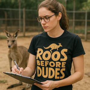 "Roos Before Dudes" black kangaroo pocket t shirt, photographed as kangaroo lover gift