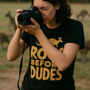 "Roos Before Dudes" black kangaroo pocket t shirt - also a kangaroo shirt for dad