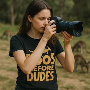 "Roos Before Dudes" kangaroo pocket t shirt - product photo 9