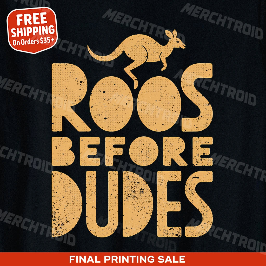 "Roos Before Dudes" kangaroo pocket t shirt - product photo 10