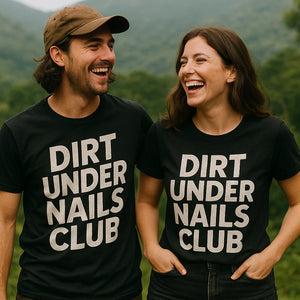 Person wearing the black foraging t shirt graphic tee - "Dirt Under Nails Club" design